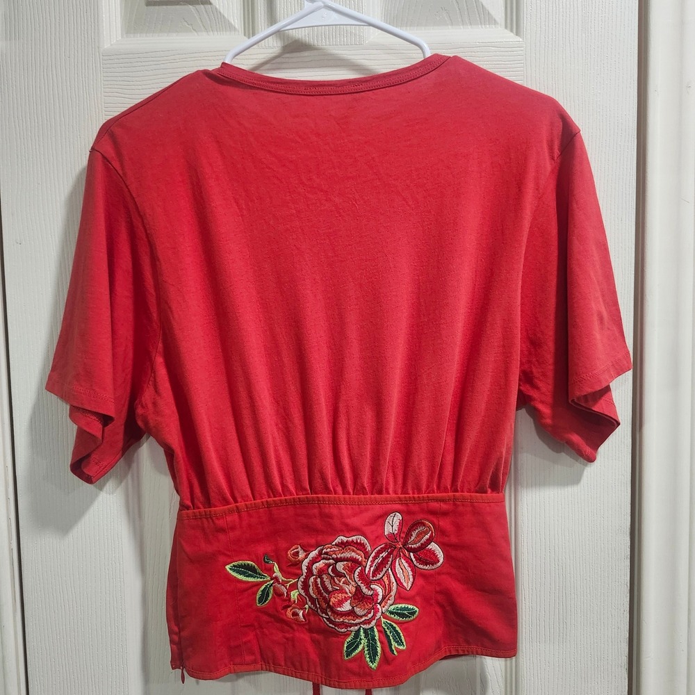 Zara Red Corset Lace Up Floral Embroidered Short Sleeve Top Size M - Picture 6 of 8